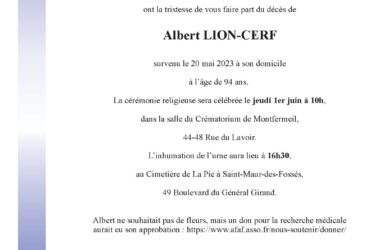 Faire-part du décès de Albert LION-CERF