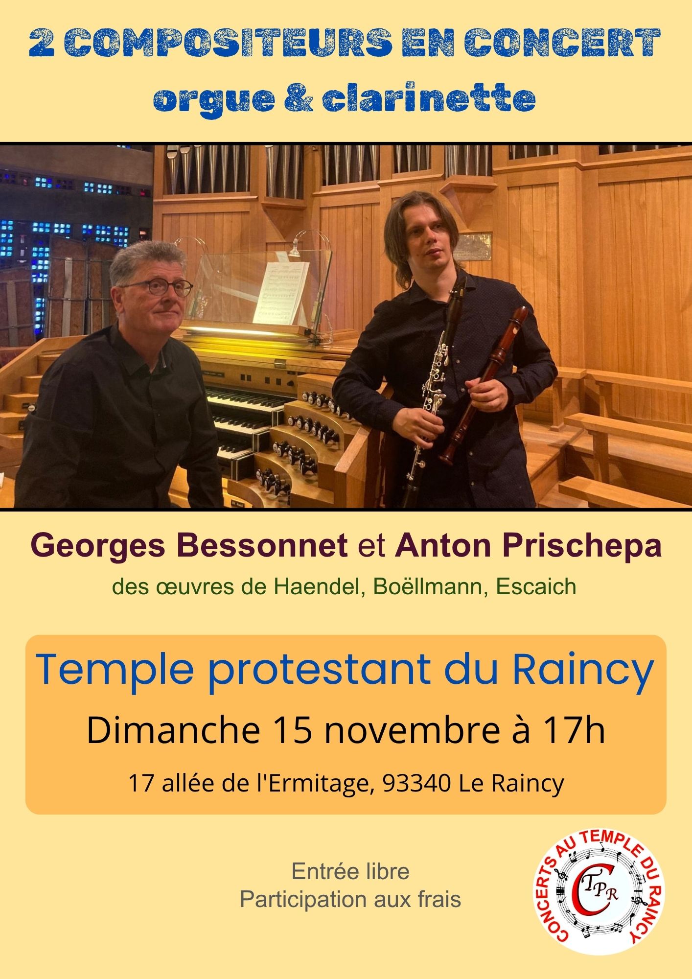 Affiche Concert Orgue et Clarinette - Temple du Raincy